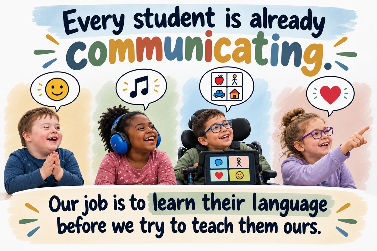 Four smiling students communicating in different ways: clapping, wearing headphones and singing, using a picture-symbol tablet on a wheelchair, and pointing. The text reads: Every student is already communicating. Our job is to learn their language before we try to teach them ours.
