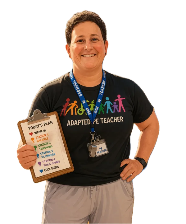 Illustration of Tara McCarthy in an Adapted PE Teacher shirt, holding a clipboard with the day's station plan